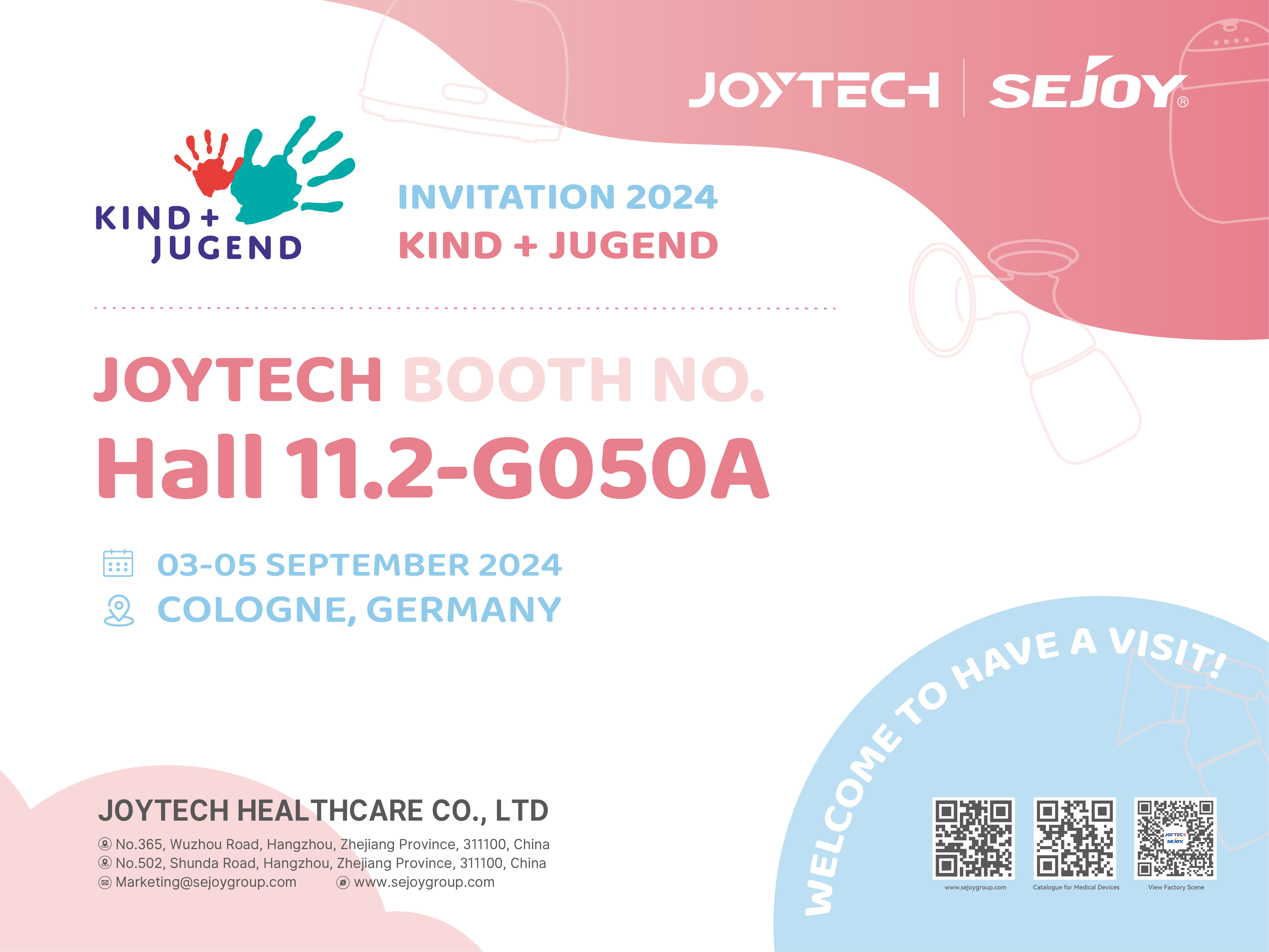 Uitnodiging voor een bezoek aan de Joytech-stand op de baby- en kinderproductenbeurs Kind+Jugend in Keulen