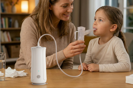 Caregiver nulungan anak ngagunakeun Joytech NB-1007 home nebulizer.jpg
